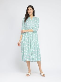 Pink Fort - Green Rayon Printed Tiered Dress
