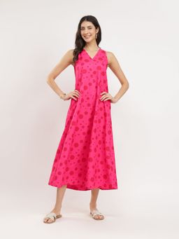 Pink Fort - Hot Pink Floral Printed A-Line Sleeveless Dress