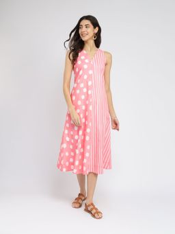 Pink Fort - Peach Cotton Striped Printed A-Line Dress