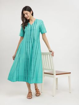 Pink Fort - Sea Green Cotton Stripes Dress