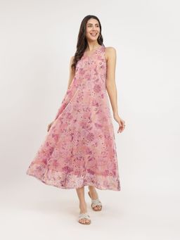Pink Fort - Dusty Pink Organza Floral Print A-Line Dress