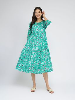 Pink Fort - Green Cotton Floral Printed Tiered Dress