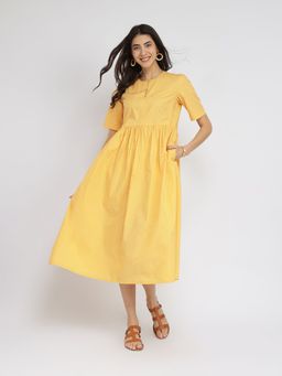 Pink Fort - Yellow Cotton Solid Gathered Dress