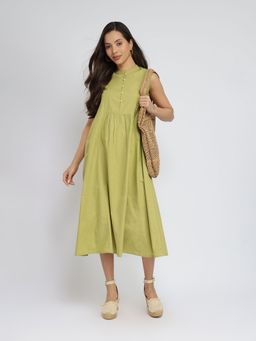 Pink Fort - Green Cotton Solid Button Detail Midi Dress