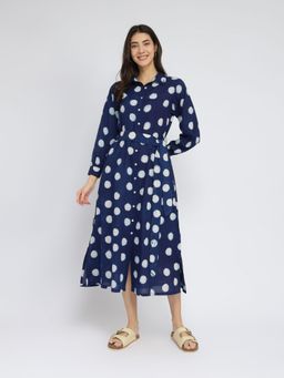 Pink Fort - Navy Blue Cotton Dabu Polka Dot Printed Shirt Dress with Belt