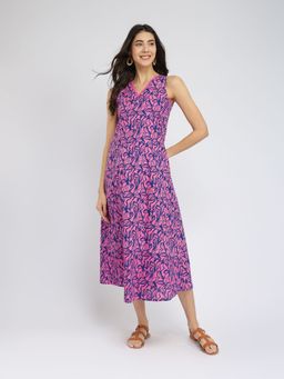 Pink Fort - Pink and Navy Blue Cotton Floral Printed A-Line Dress