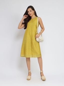 Pink Fort - Green Polka Dot Printed Sleeveless A-Line Dress