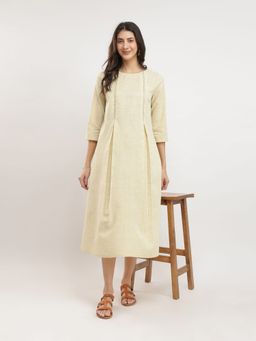 Pink Fort - Beige Cotton Solid Thread Work A-Line Midi Dress