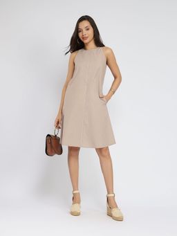 Pink Fort - Beige Cotton Solid A-Line Dress