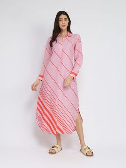 Pink Fort - Pink Cotton Stripes Shirt Collar Midi Dress