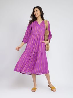 Pink Fort - Purple Rayon Stripes Buttoned Dress