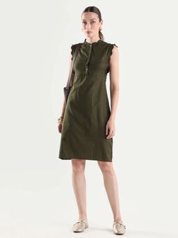 RAREISM - Olive Cotton Sleeveless A-Line Plain Dress