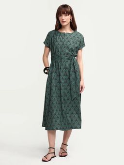 RAREISM - Green Printed Midi Shirt Dress with Belt