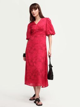 RAREISM - Red Floral Print Puff Sleeves Midi Dress
