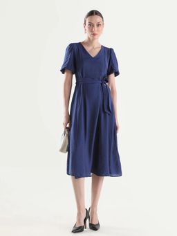 RAREISM - Navy Blue Solid Pannelled Midi Dress with Belt