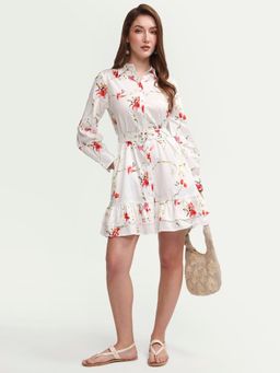 RAREISM - Off White Floral Mini Shirt Dress With Belt