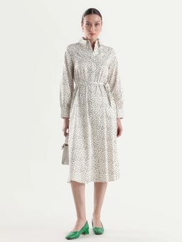 RAREISM - Off White Cotton Full Sleeve A-Line Polka Print Shirt Dress With Belt