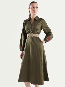 RAREISM - Olive Full Sleeve Fit And Flare Plain Midi Dress With Belt