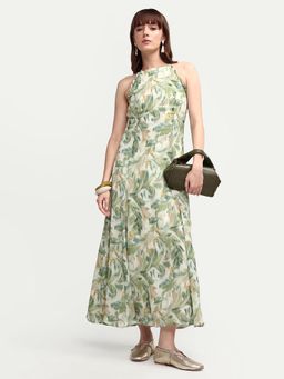 RAREISM - Green Halter Neck Printed Maxi Dress