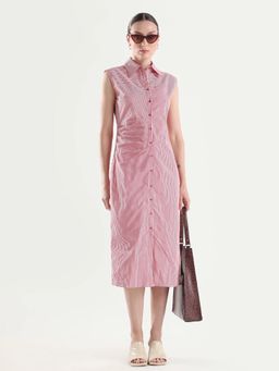 RAREISM - Red Stripped Fitted Button Down Midi Dress