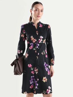RAREISM - Black Floral Print Knee Length Shirt Dress