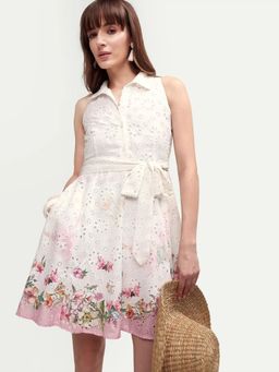 RAREISM - White Floral Print Schiffli Mini Dress With Belt