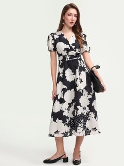 RAREISM - Black Floral Print Midi Dress With Belt