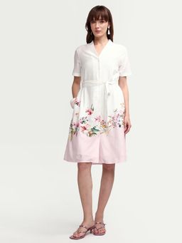 RAREISM - White Floral Print Shirt Knee Length Dress with Belt