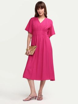 RAREISM - Pink Solid Relaxed Flared Midi Dress