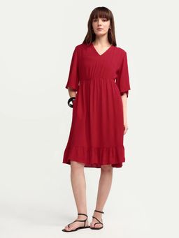 RAREISM - Red Solid Flared Tier Knee Length Dress