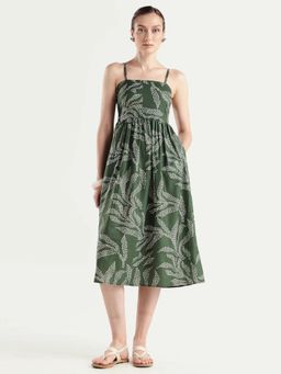 RAREISM - Olive Abstract Print Fit and Flare Midi Dress
