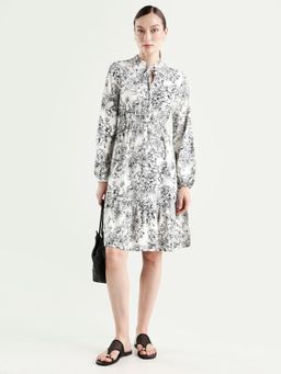 RAREISM - White Floral Print Flared Tier Knee Length Dress