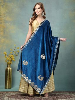 Clora Creation - Rama Blue Velvet Dupatta with Gotta Patti Work