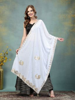 Clora Creation - White Velvet Dupatta with Gotta Patti Work
