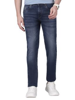 Cantabil - Men's Solid Blue Flat Front Mid Rise Full Length Regular Fit Casual Jeans