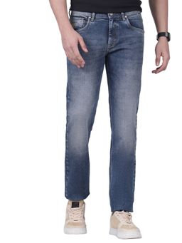 Cantabil - Men's Solid Blue Flat Front Mid Rise Full Length Regular Fit Casual Jeans