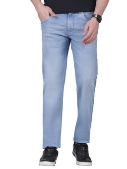 Cantabil - Men's Solid Light Blue Flat Front Mid Rise Full Length Regular Fit Casual Jeans