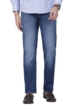 Cantabil - Men's Solid Blue Flat Front Mid Rise Full Length Regular Fit Casual Jeans