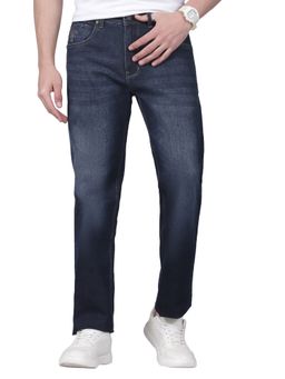 Cantabil - Men's Solid Blue Flat Front Mid Rise Full Length Regular Fit Casual Jeans