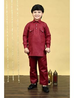 BT DEZINES - Boys Maroon Cotton Blend Pathani Kurta and Pant (Set of 2)