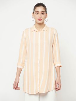 CRIMSOUNE CLUB - Women Peach Striped Longline Shirt
