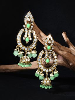 Fida - Gold Plated Green Beads and Mirror Studded Drop Earrings For Women