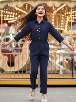 Uptownie - Navy Blue Girls Roll Up Jumpsuit