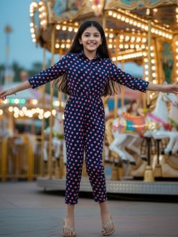 Uptownie - Girls Navy Blue Polka Dot Jumpsuit