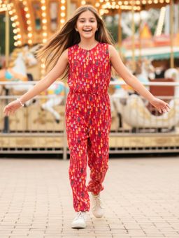 Uptownie - Girls Red Printed Jumpsuit