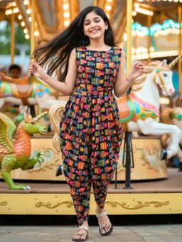 Uptownie - Girls Crepe Printed Dhoti Jumpsuit Black