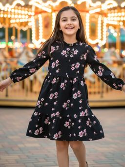 Uptownie - Kids Crepe Floral Print Dress Black (7-8 Years)
