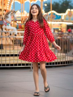 Uptownie - Kids Crepe Polka Dot Dress Red (7-8 Years)