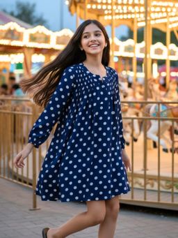 Uptownie - Kids Crepe Polka Dot Dress Navy Blue (7-8 Years)