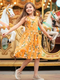 Uptownie - Girls Knee Length Printed Fit & Flare Dress Yellow